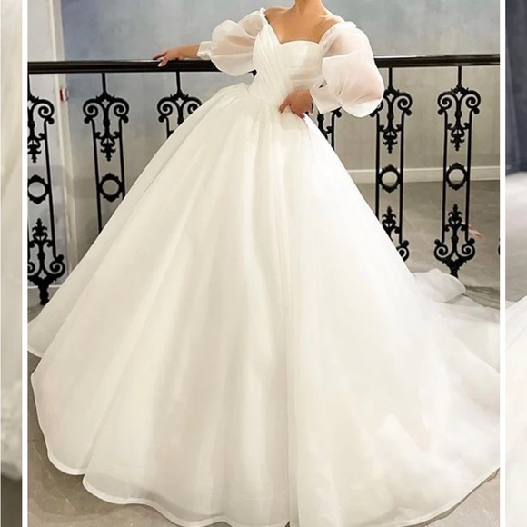 Hebeos Organza Ruched Bodice Puff Sleeve Ballgown Wedding Dress in Size 2 - Picture 1 of 9